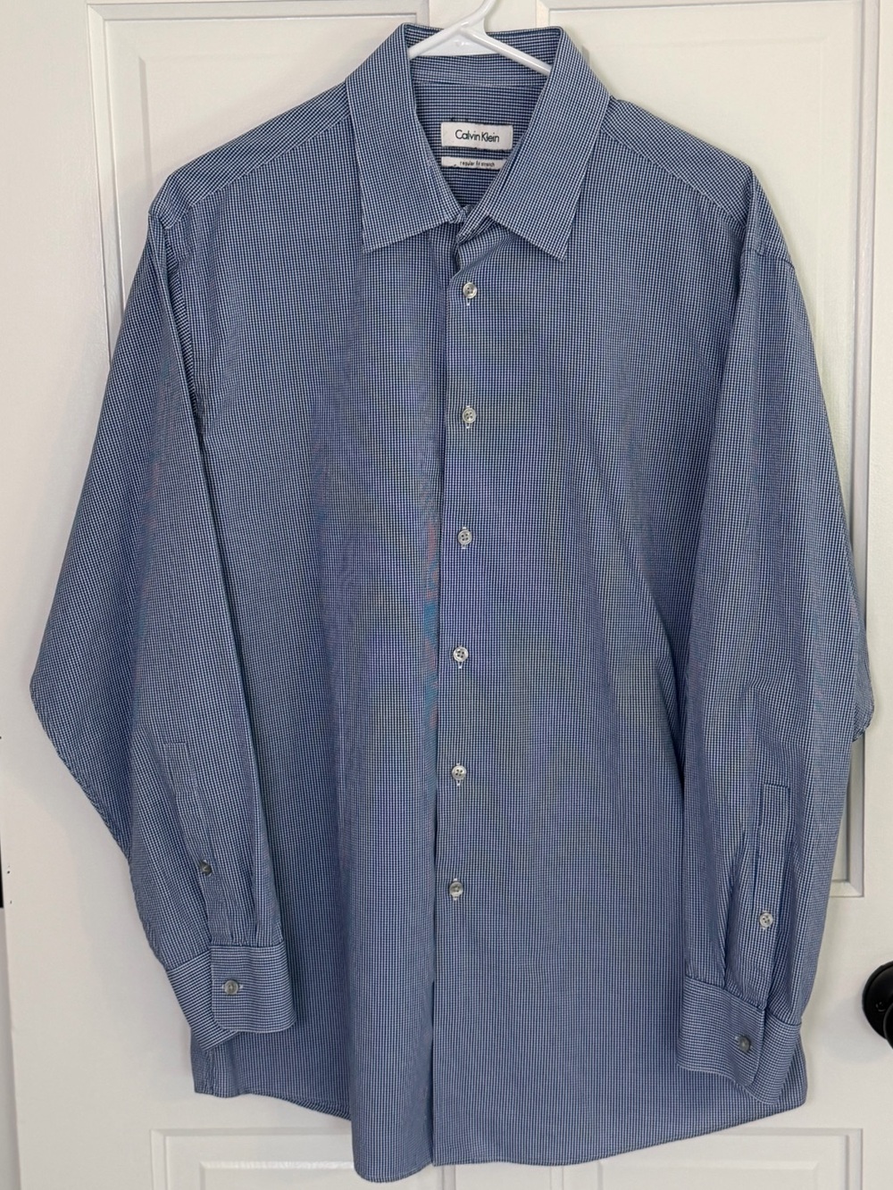 Calvin Klein Men’s Blue Micro Check Regular Fit Stretch Dress Shirt